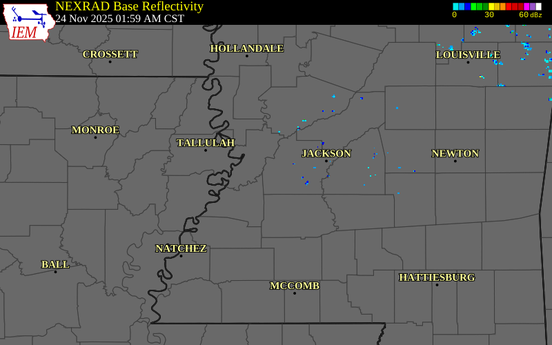 NEXRAD radar during the Monday, November 24, 2025 storm activity in Hinds County, Mississippi