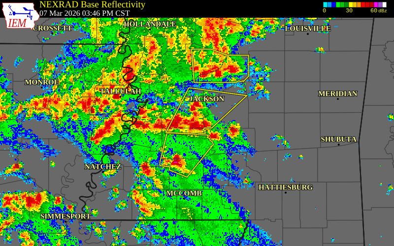 NEXRAD radar during the Saturday, March 7, 2026 storm activity in Hinds County, Mississippi