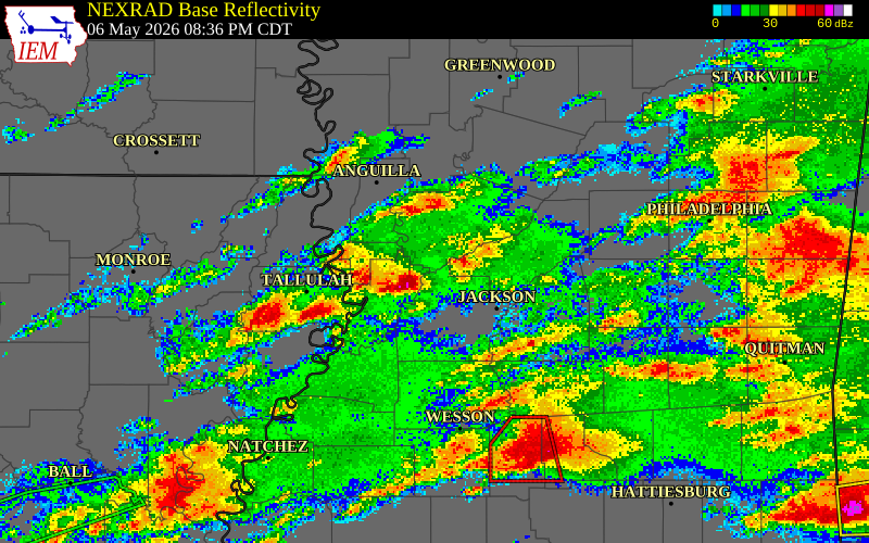 NEXRAD radar during the Wednesday, May 6, 2026 storm activity in Hinds County, Mississippi