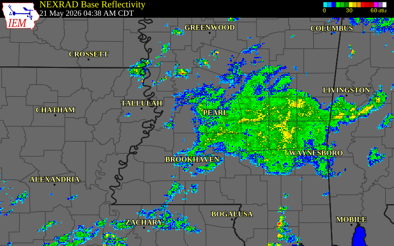 Radar snapshot during the May 21, 2026 tornado event near 5 SSE Raymond, Hinds County, Mississippi, with NWS warning polygons