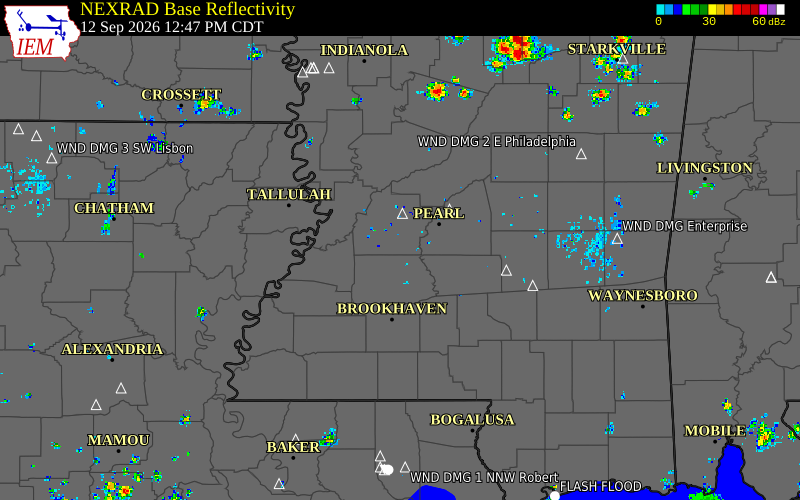 Current NEXRAD radar over Hinds County, Mississippi with recent storm report locations