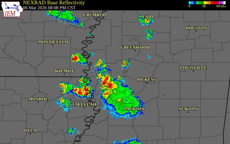 NEXRAD radar during the Friday, March 6, 2026 storm activity in Holmes County, Mississippi