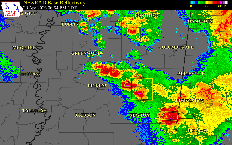NEXRAD radar during the Tuesday, April 28, 2026 storm activity in Holmes County, Mississippi