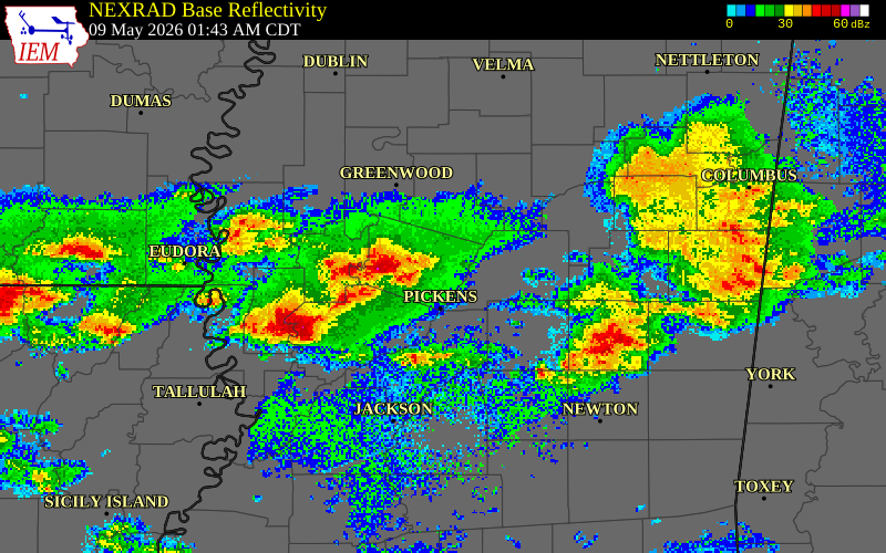 NEXRAD radar during the Saturday, May 9, 2026 storm activity in Holmes County, Mississippi