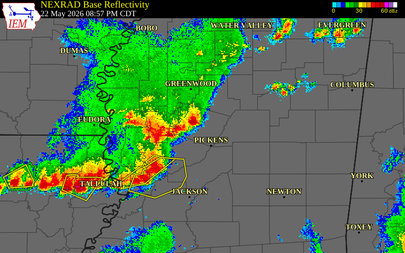 NEXRAD radar during the Friday, May 22, 2026 storm activity in Holmes County, Mississippi