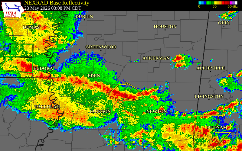 NEXRAD radar during the Saturday, May 23, 2026 storm activity in Holmes County, Mississippi