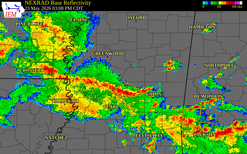 Radar snapshot during the May 23, 2026 wind event near Holmes County, Holmes County, Mississippi, with NWS warning polygons