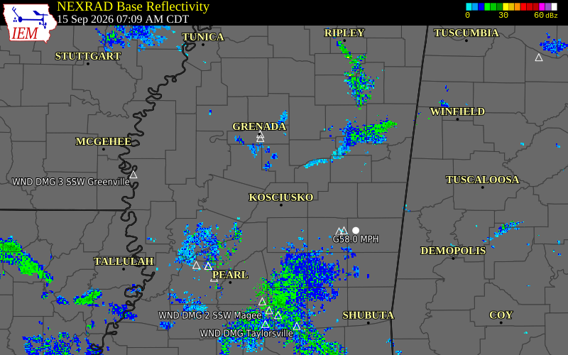 Current NEXRAD radar over Holmes County, Mississippi with recent storm report locations