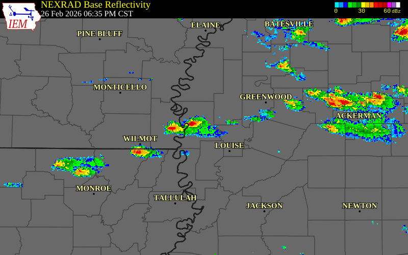 NEXRAD radar during the Thursday, February 26, 2026 storm activity in Humphreys County, Mississippi