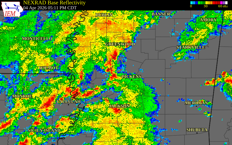 NEXRAD radar during the Saturday, April 4, 2026 storm activity in Humphreys County, Mississippi