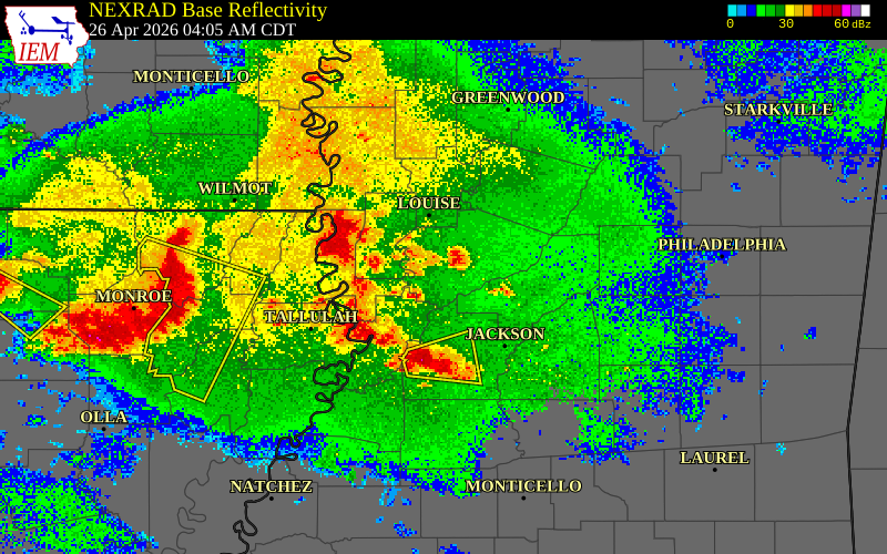 NEXRAD radar during the Sunday, April 26, 2026 storm activity in Humphreys County, Mississippi