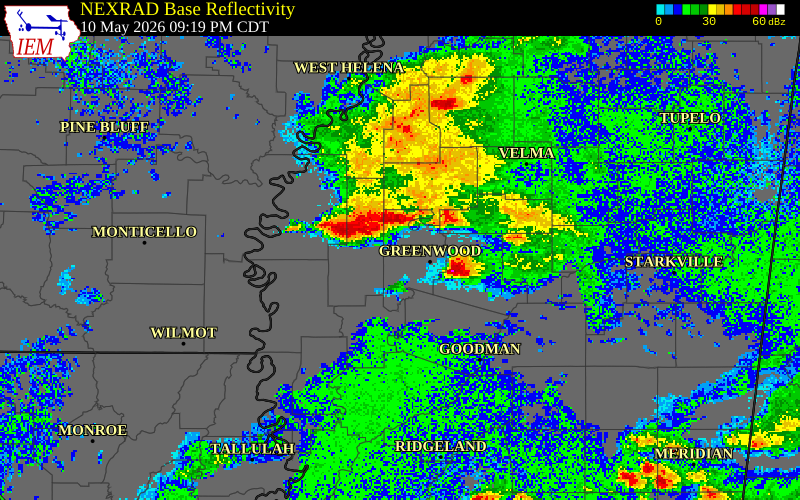 NEXRAD radar during the Sunday, May 10, 2026 storm activity in Humphreys County, Mississippi