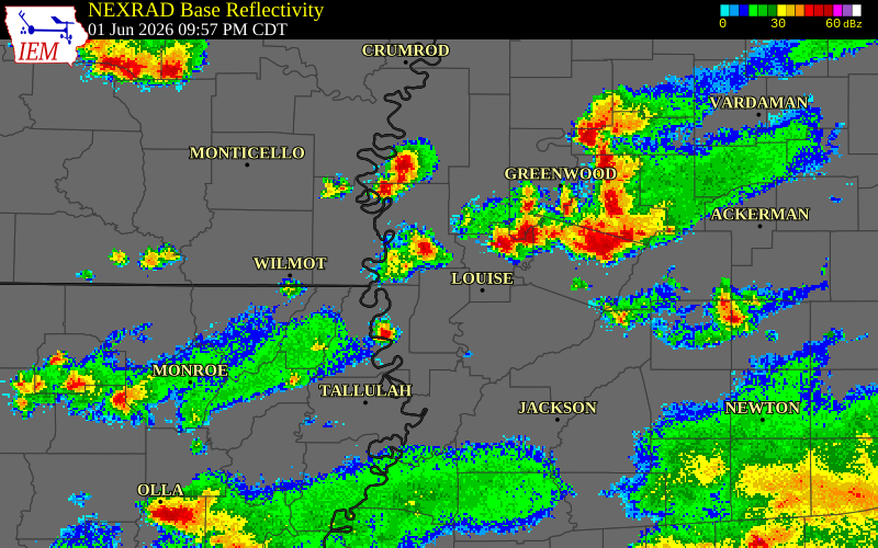NEXRAD radar during the Monday, June 1, 2026 storm activity in Humphreys County, Mississippi