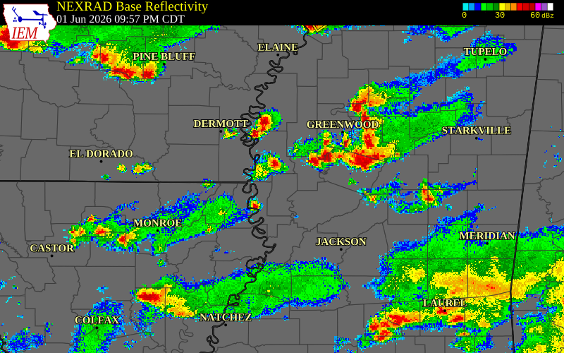 Radar snapshot during the Jun 1, 2026 wind event near Humphreys County, Humphreys County, Mississippi, with NWS warning polygons