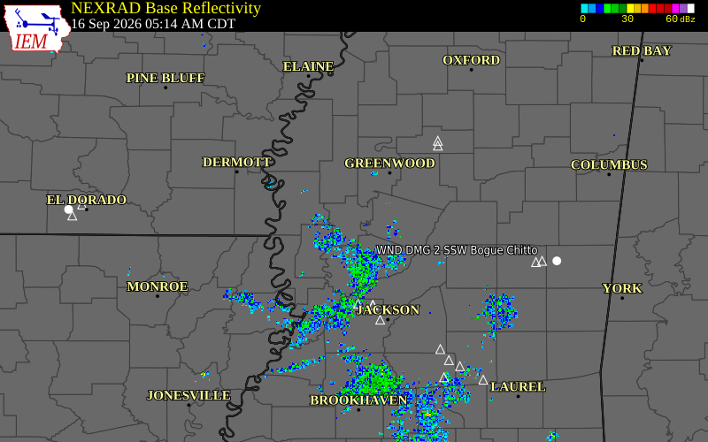 Current NEXRAD radar over Humphreys County, Mississippi with recent storm report locations