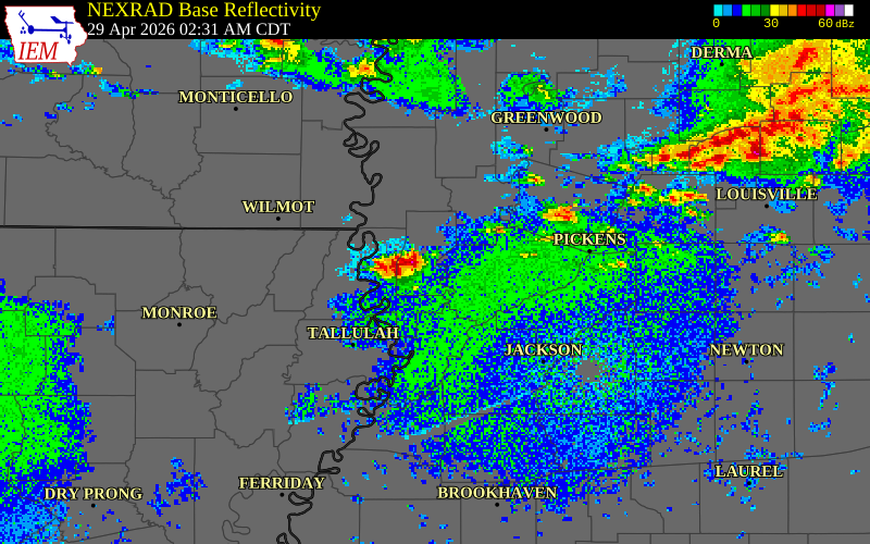 NEXRAD radar during the Wednesday, April 29, 2026 storm activity in Issaquena County, Mississippi