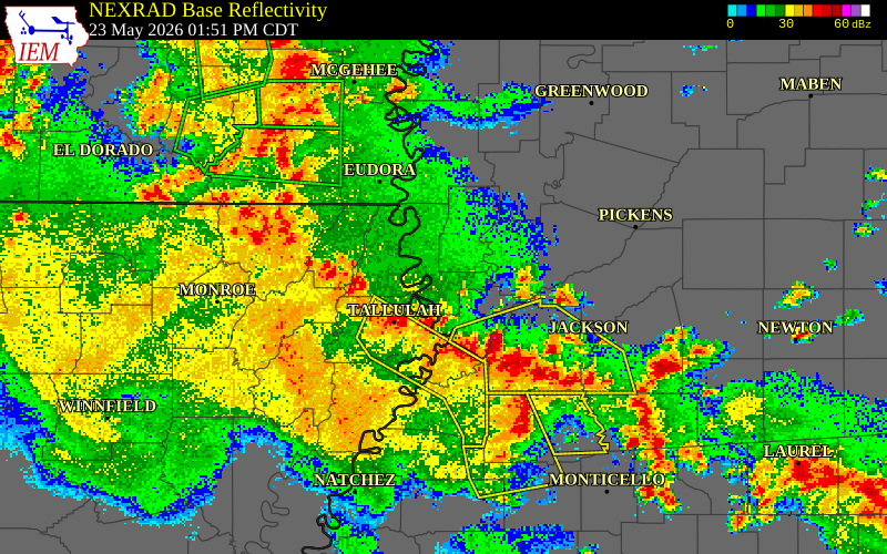 NEXRAD radar during the Saturday, May 23, 2026 storm activity in Issaquena County, Mississippi