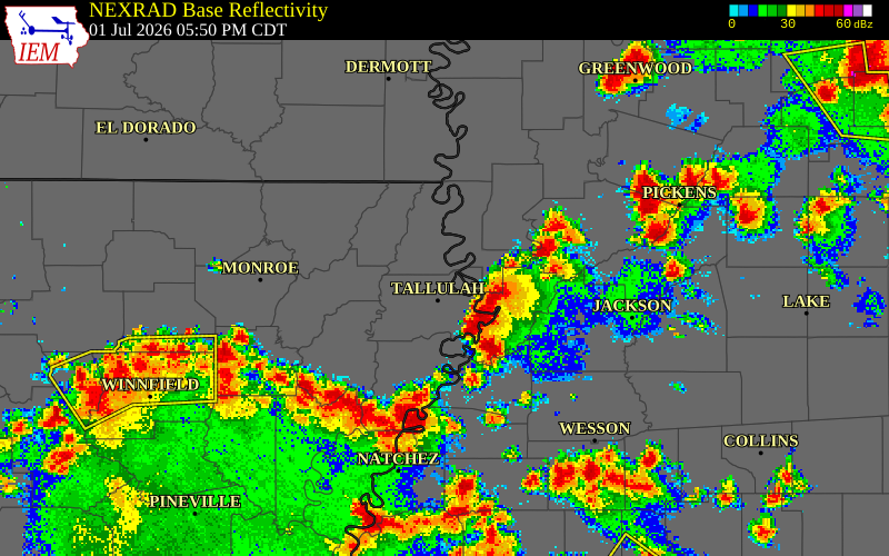 NEXRAD radar during the Wednesday, July 1, 2026 storm activity in Issaquena County, Mississippi