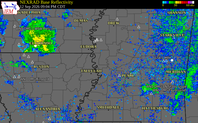 Current NEXRAD radar over Issaquena County, Mississippi with recent storm report locations