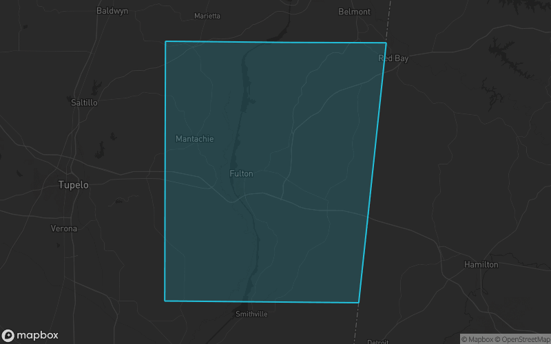 Map of Itawamba County, Mississippi showing the county boundary and surrounding cities