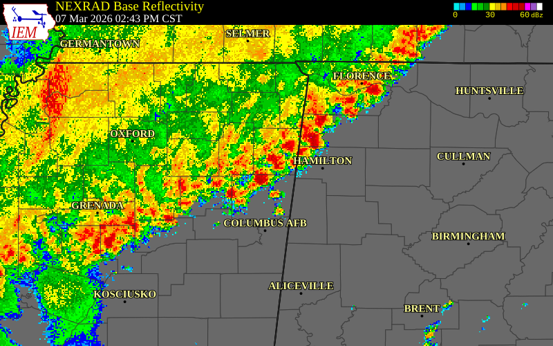 NEXRAD radar during the Saturday, March 7, 2026 storm activity in Itawamba County, Mississippi