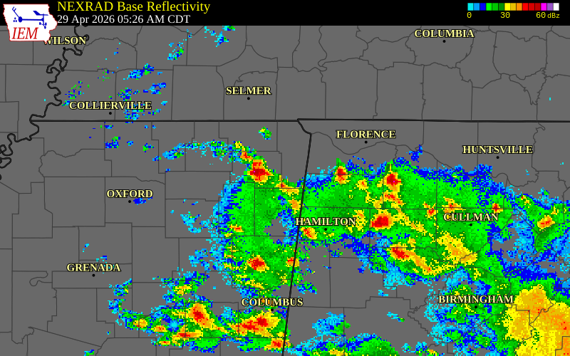 NEXRAD radar during the Wednesday, April 29, 2026 storm activity in Itawamba County, Mississippi
