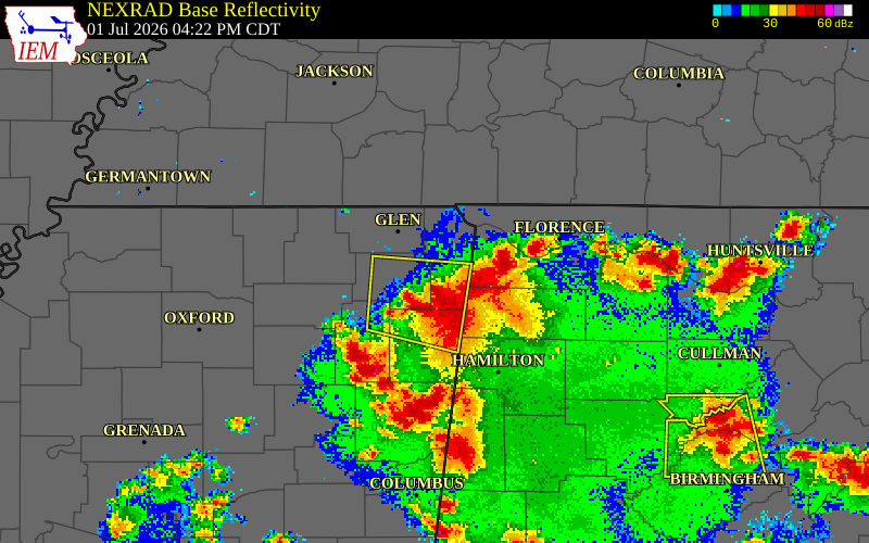 NEXRAD radar during the Wednesday, July 1, 2026 storm activity in Itawamba County, Mississippi