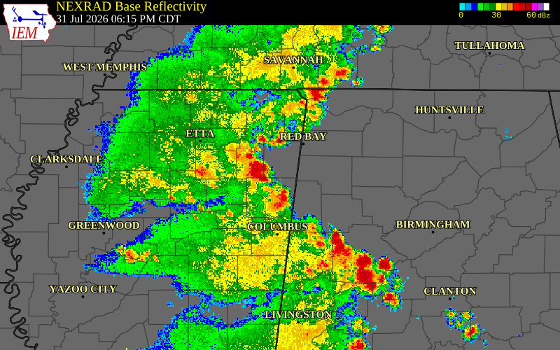 Radar snapshot during the Jul 31, 2026 wind event near Itawamba County, Itawamba County, Mississippi, with NWS warning polygons