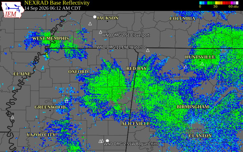 Current NEXRAD radar over Itawamba County, Mississippi with recent storm report locations