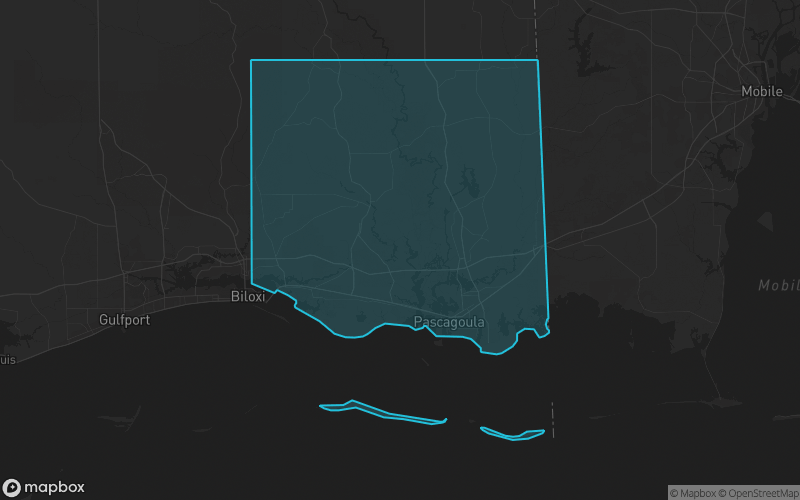 Map of Jackson County, Mississippi showing the county boundary and surrounding cities