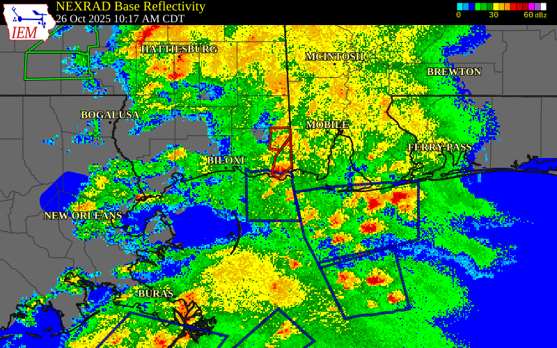 NEXRAD radar during the Sunday, October 26, 2025 storm activity in Jackson County, Mississippi