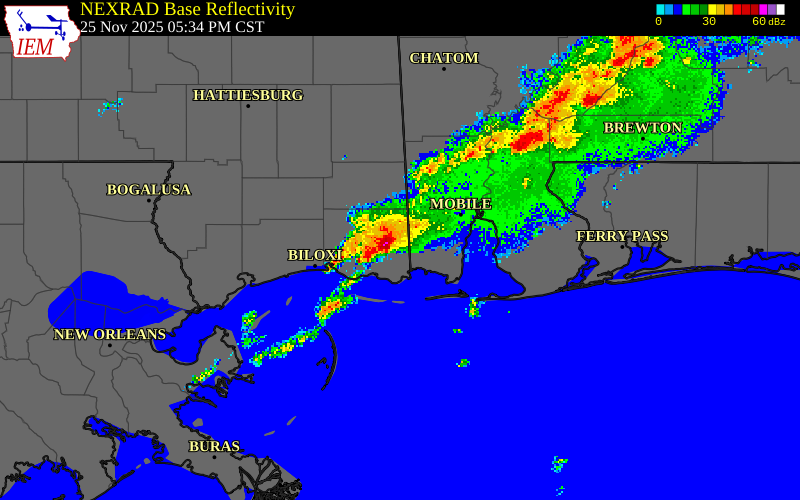 NEXRAD radar during the Tuesday, November 25, 2025 storm activity in Jackson County, Mississippi