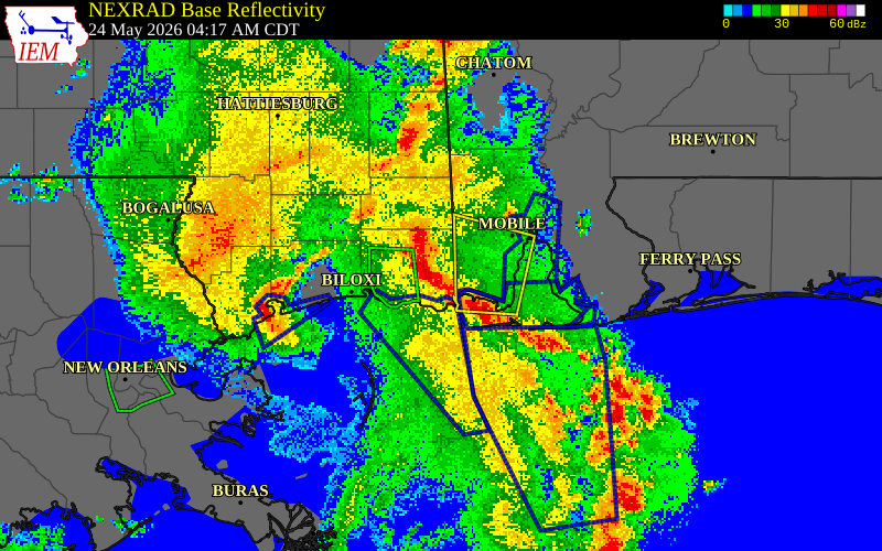 NEXRAD radar during the Sunday, May 24, 2026 storm activity in Jackson County, Mississippi
