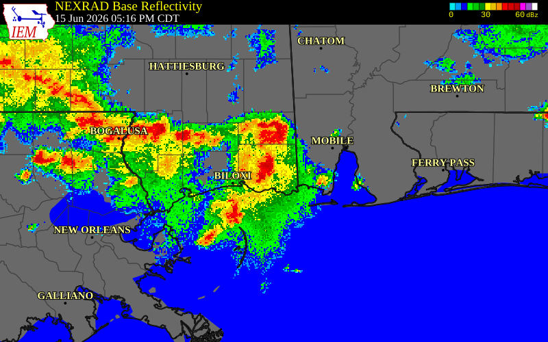 NEXRAD radar during the Monday, June 15, 2026 storm activity in Jackson County, Mississippi