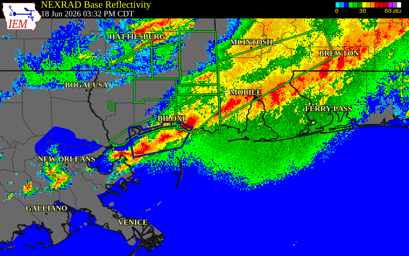 NEXRAD radar during the Thursday, June 18, 2026 storm activity in Jackson County, Mississippi