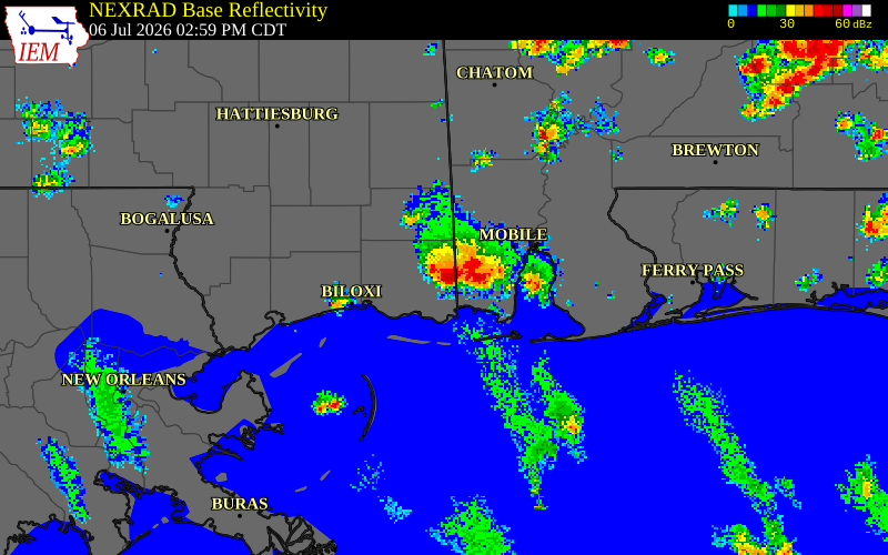 NEXRAD radar during the Monday, July 6, 2026 storm activity in Jackson County, Mississippi