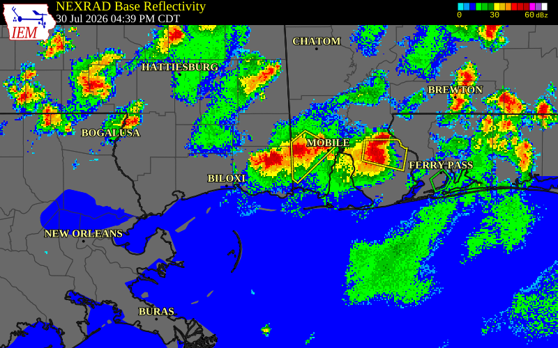 NEXRAD radar during the Thursday, July 30, 2026 storm activity in Jackson County, Mississippi