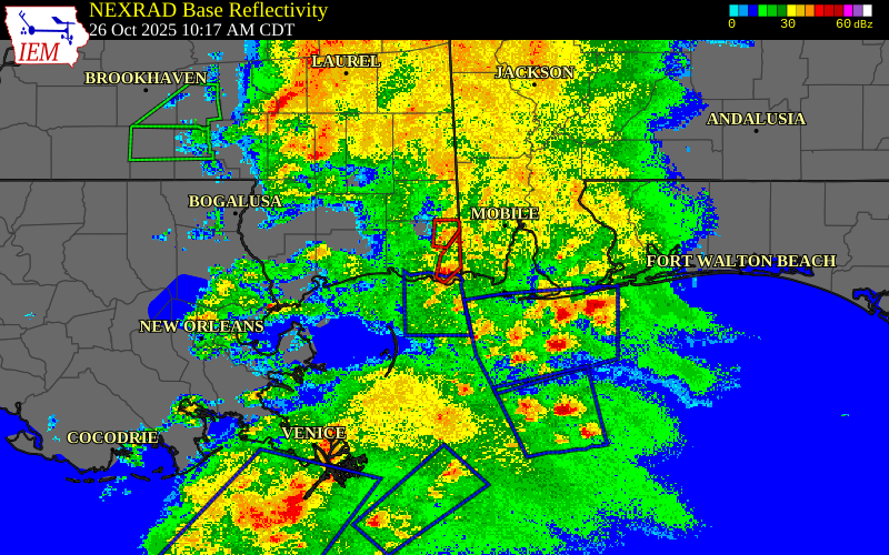 Radar snapshot during the Oct 26, 2025 tornado event near 2 ENE Pascagoula, Jackson County, Mississippi, with NWS warning polygons