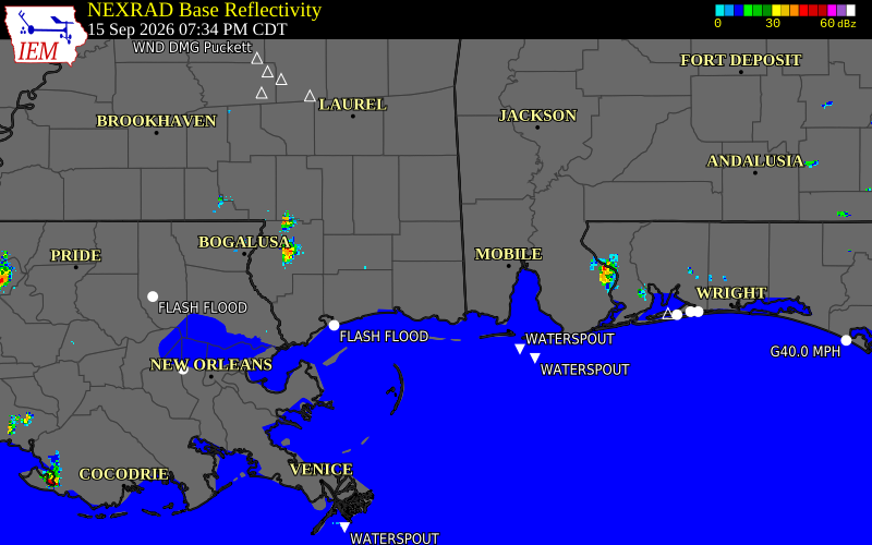 Current NEXRAD radar over Jackson County, Mississippi with recent storm report locations