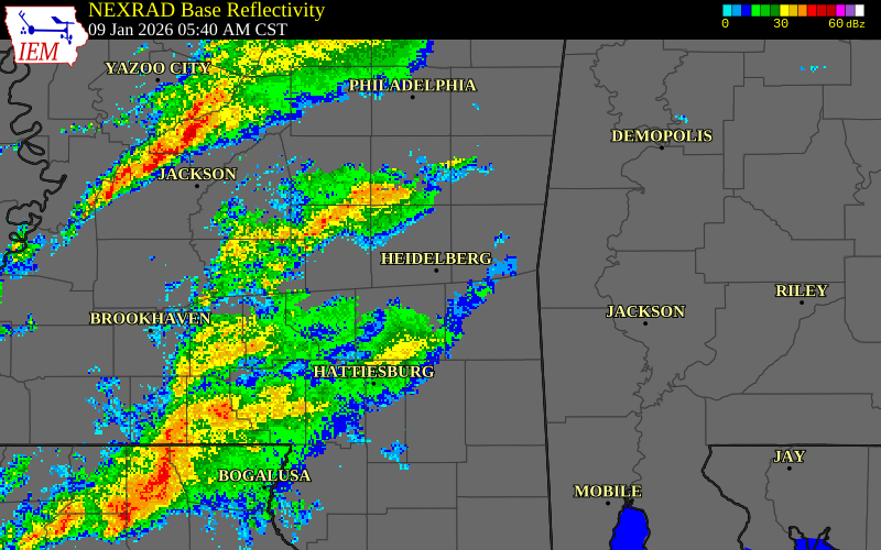 NEXRAD radar during the Friday, January 9, 2026 storm activity in Jasper County, Mississippi