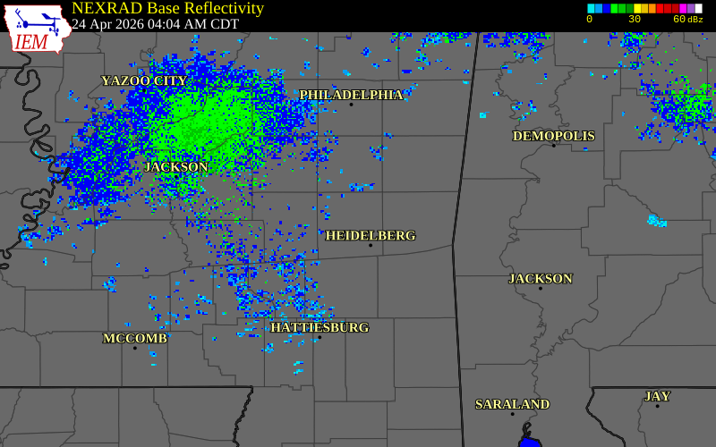 NEXRAD radar during the Friday, April 24, 2026 storm activity in Jasper County, Mississippi