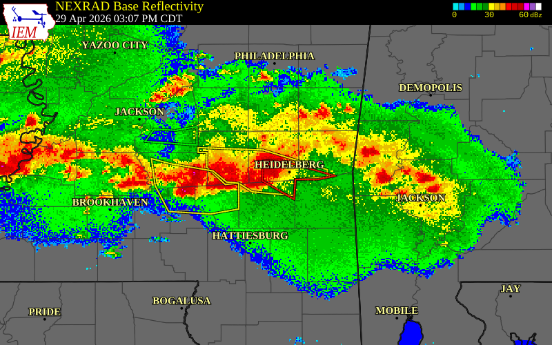 NEXRAD radar during the Wednesday, April 29, 2026 storm activity in Jasper County, Mississippi