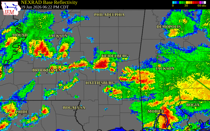 NEXRAD radar during the Friday, June 19, 2026 storm activity in Jasper County, Mississippi