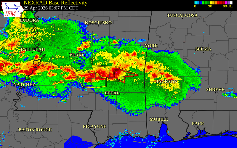 Radar snapshot during the Apr 29, 2026 tornado event near 3 SSW Oak Bowery, Jasper County, Mississippi, with NWS warning polygons