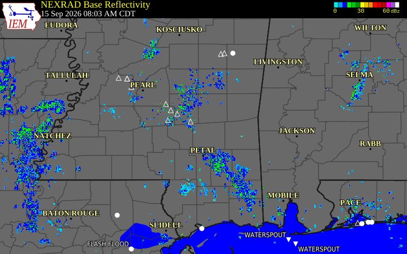 Current NEXRAD radar over Jasper County, Mississippi with recent storm report locations