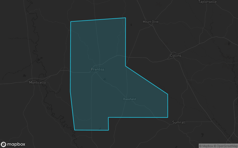 Map of Jefferson Davis County, Mississippi showing the county boundary and surrounding cities