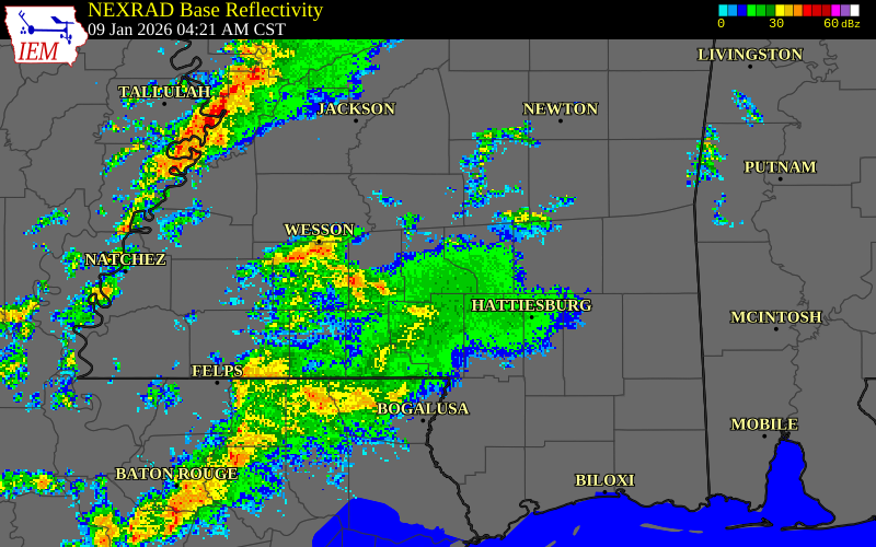 NEXRAD radar during the Friday, January 9, 2026 storm activity in Jefferson Davis County, Mississippi