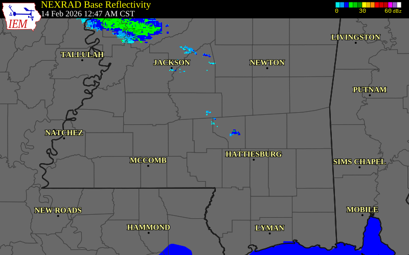 NEXRAD radar during the Saturday, February 14, 2026 storm activity in Jefferson Davis County, Mississippi