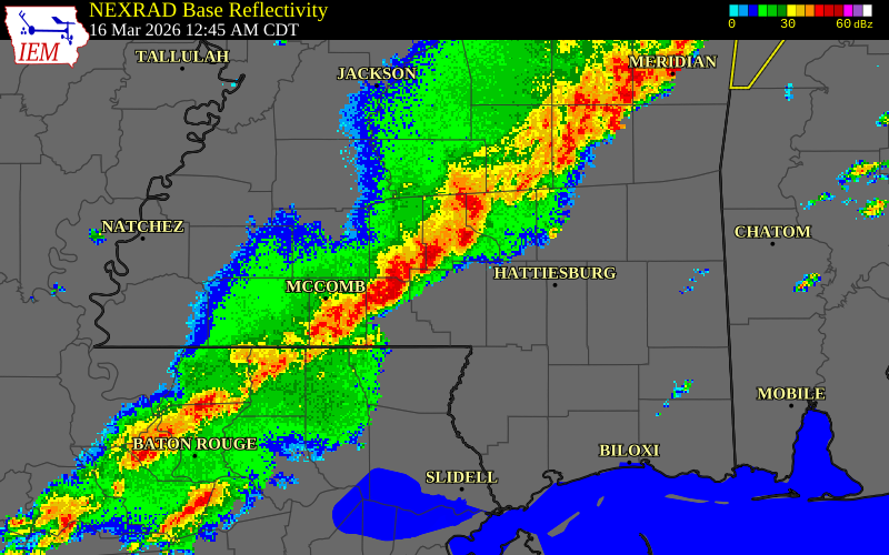 NEXRAD radar during the Monday, March 16, 2026 storm activity in Jefferson Davis County, Mississippi