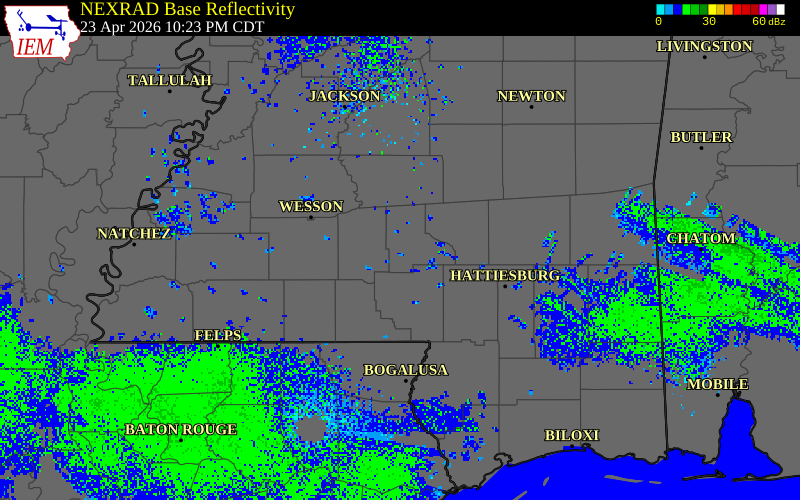 NEXRAD radar during the Thursday, April 23, 2026 storm activity in Jefferson Davis County, Mississippi